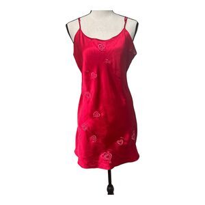 Vintage Inner Most Red Satin Heart Embroidered Slip Dress - Large